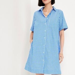 Old Navy Blue and White Striped Button-Front Mini Shirt Dress